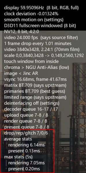 MadVR, touches Ctrl + j, informations liées à la lecture de votre vidéo et au traitement up ou downscaling. 