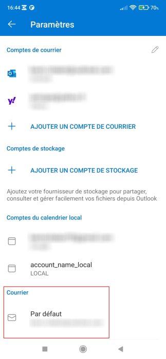 Rubrique Courrier pour activer le compte de messagerie par défaut sur Outlook Android