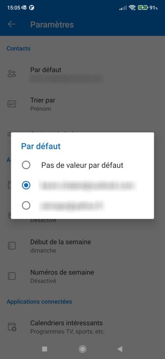 Définir l'adresse mail de contacts par défaut sur Outlook Android