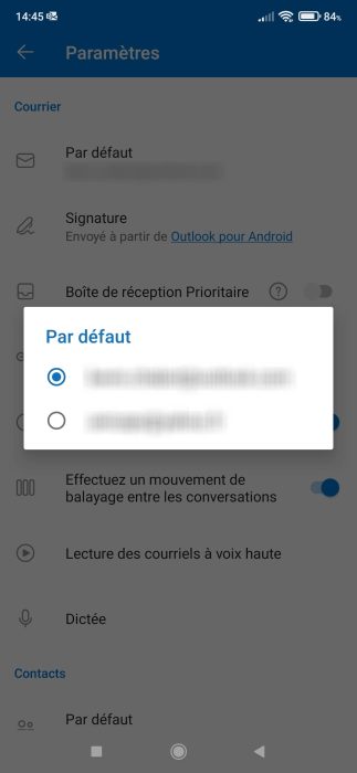 Définir l'adresse mail de courrier par défaut sur Outlook Android