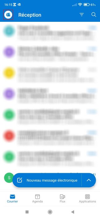 Icône du panneau latéral gauche d'Outlook Android