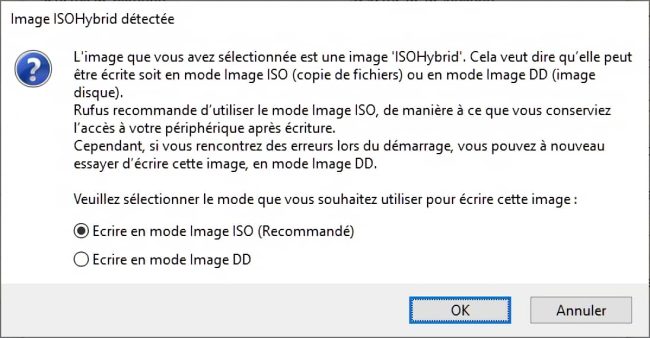 Rufus, message d'avertissement d'une image ISO hybrid