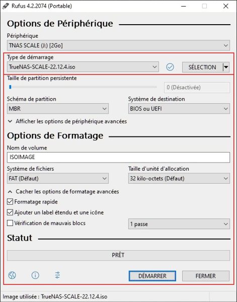 Laisser les options par défaut dans Rufus