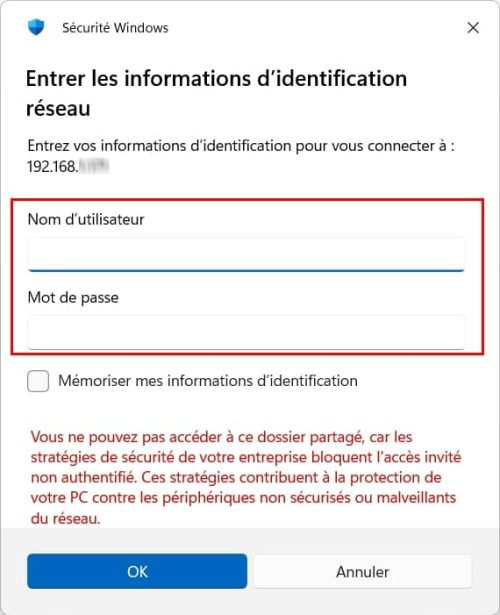 Saisie des informations identifiant, mot de passe réseau SMB