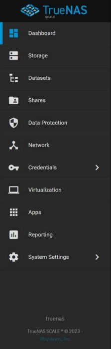 Colonne latérale de TrueNAS SCALE