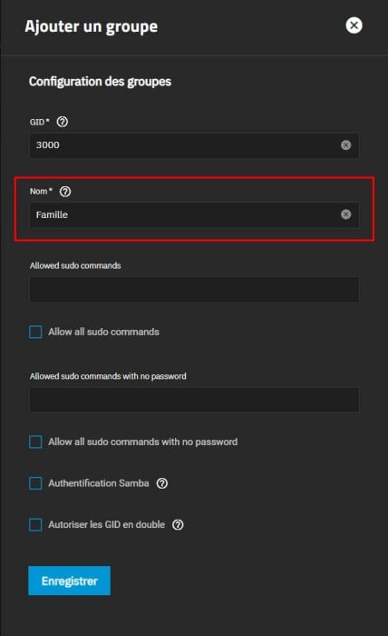 Paramètres du groupe sous TrueNAS