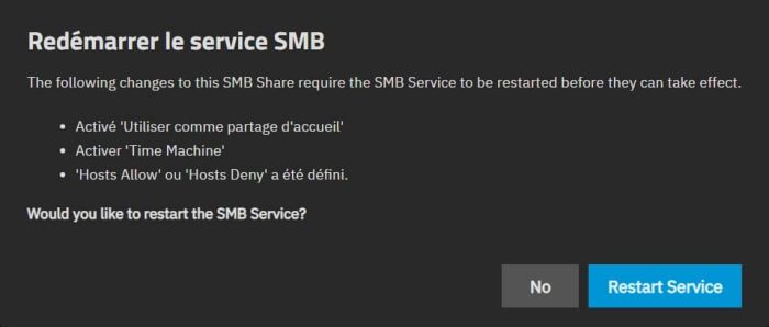 Message de redémarrage du service SMB de la part de TrueNAS