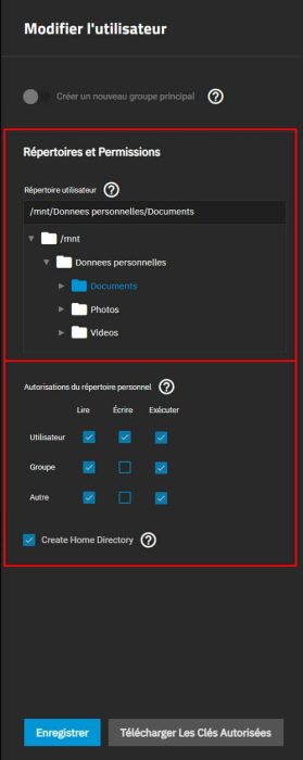 Sélection du répertoire personnel et attribution ACL d'un utilisateur sous TrueNAS