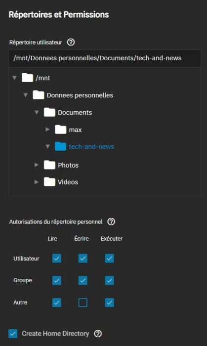 Sélection du répertoire personnel et attribution ACL d'un utilisateur sous TrueNAS