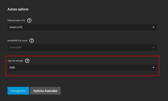Type du partage d'un dossier sous TrueNAS