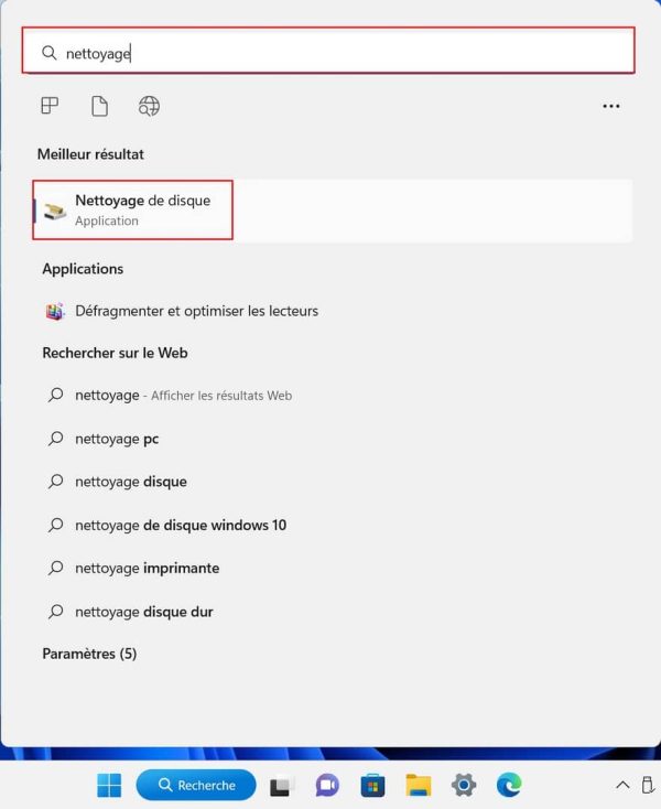 Rechercher de l'outil nettoyage de disque sur Windows 11