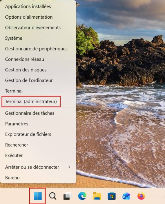 Windows 11, terminal administrateur, menu Démarrer