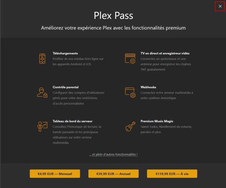 Page d'abonnement de plex