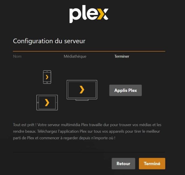 Page de confirmation de la création du serveur plex